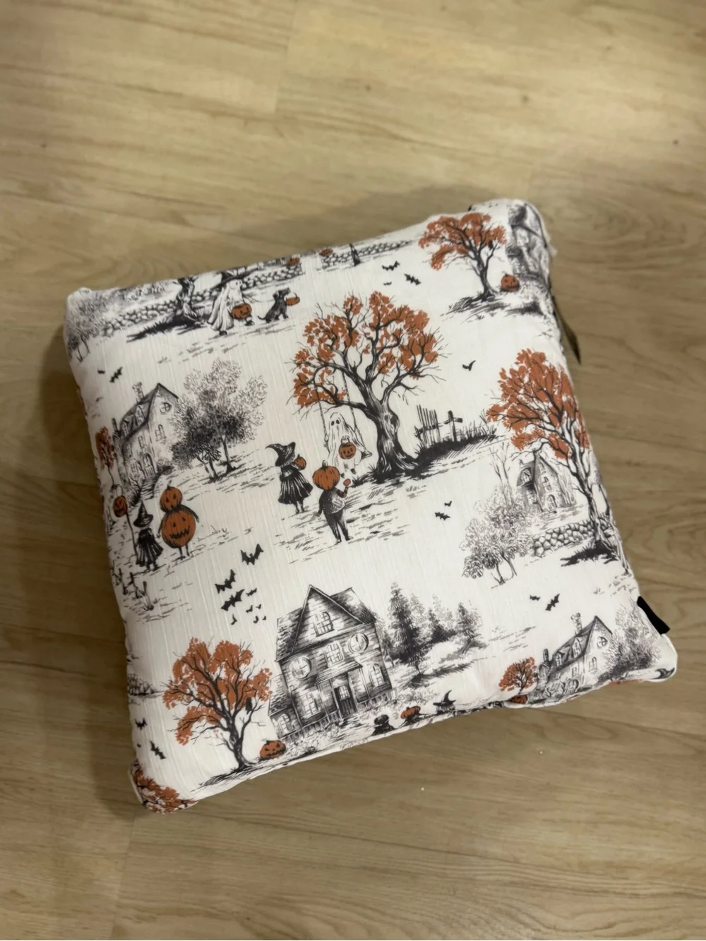 Halloween Scenic Throw Pillow in White and Orange